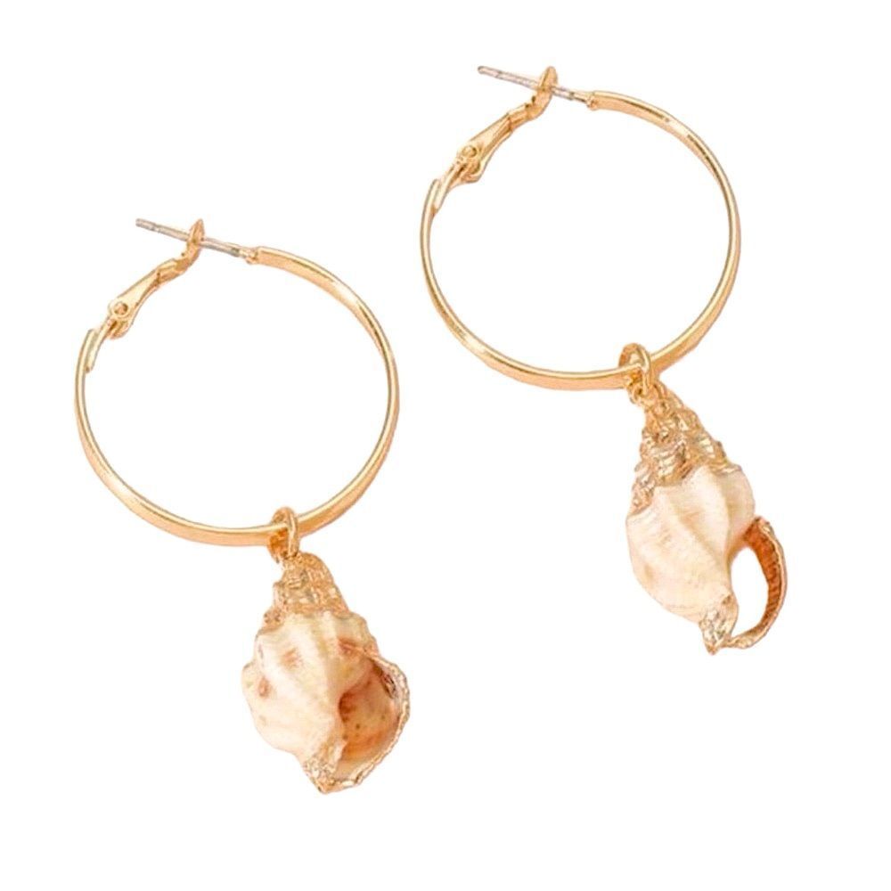 Bohemian Summer Beach Festival Gold Overlay Hoop Shell Drop Charm Earrings